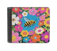 Yellow Bee in Flower Field Wallet Extra Capacity Slim Bifold Wallet with Multiple Card Slots Men's Leather Wallets Travel Billfold