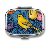 Yellow Bird and Flowers Pill Box 2 Compartments Portable Travel Pill Case Mini Medicine Organizer for Pocket Purse Metal Waterproof Medicine Container Holder Vitamin Fish Oil