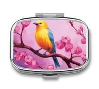 Yellow Bird on Tree Pill Box,2 Compartments Square Pills Container,Portable for Pocket Or Purse Pill Organizer to Hold Vitamins,Medication,Fish Oil,etc