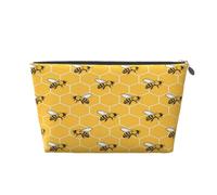 Yellow Black Bees Pattern Leather Travel Toiletry Bag | PVC Cosmetic Makeup Pouch With Zipper, Small Travel Organizer Bag For Toiletries Cosmetics Makeup Brushes Accessories