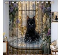 Yellow Black Blackout Curtains for Living Room 2 Panel Set, Luxury Pet Style Cat Bathtub Champagne Glass Curtains for Bedroom, Thermal Insulated Window Curtain Drapes, Black Out Curtain 52 Drop