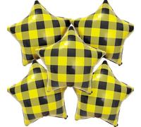 Yellow Black Buffalo Plaid Star Foil Balloons 18 Inch - 5 Pack Checkered Mylar Balloons for Bee Theme Baby Shower, Construction Birthday Party, Gender Reveal, Rustic Decor