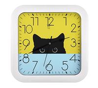 Yellow Black Cat Square Wall Clock Non-Ticking Battery Operated For Home Office School 26x26cm