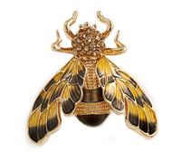 Yellow/Black Enamel Crystal Moth Brooch In Gold Tone - 35mm Long