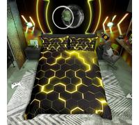 Yellow Black Geometric Comforter Cover Neon Hexagon Honeycomb Bedding Set for Boys Kids Teen Men Reversible Black,Modern Duvet Cover Geometrical Beehive Quilt Cover King