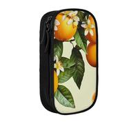 Yellow Blossom And Orange Fruits Print Pencil Case, Large Capacity 2 Compartment Dual Zips Pouch, Premium Oxford Fabric Aesthetic Pencil case Stationery Organizer for Boys Girls Supplies Makeup Bag