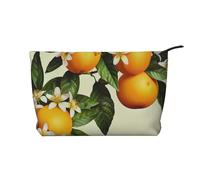 Yellow Blossom and Orange Fruits Printed Corduroy Makeup Bag for Women Cute Make up Bag Travel Cosmetic Bag with Wristlet