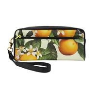 Yellow Blossom and Orange Fruits Printed Leather Makeup Bags with Wrist Strap Portable Travel Toiletry Bag Cosmetic Organizer Bag for Women