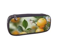 Yellow Blossom and Orange Fruits Printed Pu Leather Pencil Case Box Flip Pen Bag and Makeup Cosmetic Holder for Girls Boys School Students