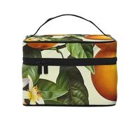 Yellow Blossom and Orange Fruits Printed Travel Makeup Bag Spacious Portable Cosmetic Organiser with Handle, Large Capacity Toiletry Bag, Gift for Women Girls