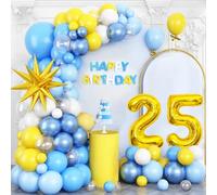 Yellow Blue 25th Birthday Balloons Arch, Baby Blue Clear White Balloons Garland Kit, Gold 4D Foil Star with Number 25 Balloon Tower Star Foil Balloon for 25th Year Old Birthday Party Decorations