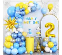 Yellow Blue 2rd Birthday Balloons Arch, Baby Blue Clear White Balloons Garland Kit, Gold 4D Foil Star with Number 2 Balloon Tower Star Foil Balloon for 2 Year Old Kids Birthday Party Decorations