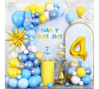 Yellow Blue 4th Birthday Balloons Arch, Baby Blue Clear White Balloons Garland Kit, Gold 4D Foil Star with Number 4 Balloon Tower Star Foil Balloon for 4 Year Old Kids Birthday Party Decorations