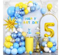 Yellow Blue 5th Birthday Balloons Arch, Baby Blue Clear White Balloons Garland Kit, Gold 4D Foil Star with Number 5 Balloon Tower Star Foil Balloon for 5 Year Old Kids Birthday Party Decorations
