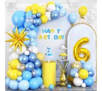 Yellow Blue 6th Birthday Balloons Arch, Baby Blue Clear White Balloons Garland Kit, Gold 4D Foil Star with Number 6 Balloon Tower Star Foil Balloon for 6 Year Old Kids Birthday Party Decorations