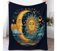 Yellow Blue Machine Wash Fluffy Flannel Throw Blanket, Sun Moon Starry Sky Soft Easy Care Micro Fleece Blankets, Vintage Bohemian Cozy Warm Throw Blanket for Couch Living Room Sofa Bed, 100 x 130 cm