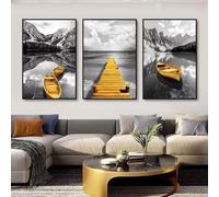 Yellow Boat On The Lake Landscape Canvas Prints Gold Wooden Bridge Mountain Abstract Wall Art Paintings for Home Decor 30x40cmx3 No frame