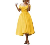 Yellow Bridesmaid Dresses Plus Size for Women Pleated Tea Length Formal Dress with Pockets Simple Bridal Gown UK32