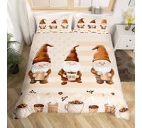 (Yellow,brown, Single(No Comforter)) Coffee Gnome Bedding Set Double,Cartoon Gnome for Coffee Lovers Duvet Cover,Brown And White Gnome Comforter Cover for Kids Girls Boys Teens Cute