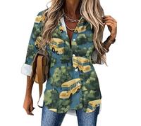Yellow Buses Hawaiian Fashion Button Down Shirts for Women Long Sleeve Irregular Hem Collared Dress Shirt