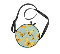 Yellow Butterflies Light Green Background Round Small Crossbody Purse for Ladies Comfort with Adjustable Strap Shoulder Bags For Hiking Traveling Canvas Messenger Purse
