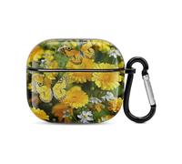 Yellow Butterfly and Daisies Bluetooth Earbuds Case Cover Full Body Shockproof Protection Hard Case Support Wireless Charging with Keychain Personalized Gift for AirPods 3