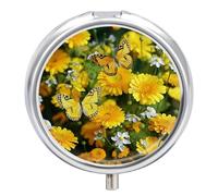 Yellow Butterfly and Daisies Pill Box 3 Compartment Waterproof Pill Case with Mirror Round Container Metal Medicine Box Organizer Portable Vitamin Case for Pocket & Purse Travel