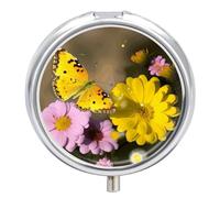 Yellow Butterfly and Flower Pill Box Medicine Pill Organizer 3 Compartment Daily Pill Case Small Pill Container Round Pill Holder Travel Pill Box Metal Pill Case for Purse Pocket