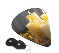 Yellow butterfly with White Candles Guitar Picks 6 Pack with Leather Guitar Pick Holder Keychain, Plectrum Key Fob Cases Bag, Abstract Art Plectrum for Acoustic Electric Guitar, Ukulele 0.71mm