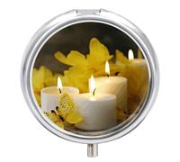 Yellow Butterfly with White Candles Pill Box Cute Round Pill Box 3 Compartment Decorative Pocket Purse Portable Mini Travel Medicine Tablet Vitamin Fish Oil Holder Organizer Pill Case
