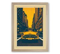 Yellow Cab at Vanishing Point Retro Framed Wall Art Print A1 (84.1×59.4cm) Oak, Wall Decor for Living Room, Bedroom, Office & Home, Ready to Hang, Art Gift