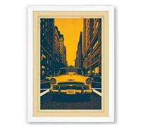 Yellow Cab at Vanishing Point Retro Framed Wall Art Print A4 (29.7×21cm) White, Wall Decor for Living Room, Bedroom, Office & Home, Ready to Hang, Art Gift