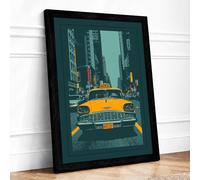 Yellow Cab in the City Retro Framed Wall Art Print A2 Black