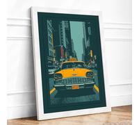 Yellow Cab in the City Retro Framed Wall Art Print A3 White