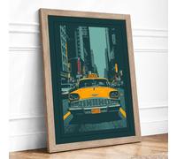 Yellow Cab in the City Retro Framed Wall Art Print A4 Oak