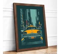 Yellow Cab in the City Retro Framed Wall Art Print A4 Walnut