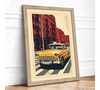 Yellow Cab on Brick Street Retro Framed Wall Art Print A1 (84.1×59.4cm) Oak, Wall Decor for Living Room, Bedroom, Office & Home, Ready to Hang, Art Gift