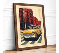 Yellow Cab on Brick Street Retro Framed Wall Art Print A1 (84.1×59.4cm) Walnut, Wall Decor for Living Room, Bedroom, Office & Home, Ready to Hang, Art Gift