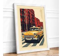 Yellow Cab on Brick Street Retro Framed Wall Art Print A3 (42×29.7cm) White, Wall Decor for Living Room, Bedroom, Office & Home, Ready to Hang, Art Gift