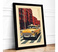 Yellow Cab on Brick Street Retro Framed Wall Art Print A4 (29.7×21cm) Black, Wall Decor for Living Room, Bedroom, Office & Home, Ready to Hang, Art Gift