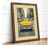 Yellow Cabs on Fifth Avenue Vintage Framed Wall Art Print A2 (59.4×42cm) Walnut, Wall Decor for Living Room, Bedroom, Office & Home, Ready to Hang, Art Gift