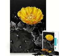 Yellow Cactus Flower on Black Background Jigsaw Puzzles1000 Pieces Brain Recall Game Premium Laser Cut Quality Absorbing Activity for Quiet Nights (38x26cm)