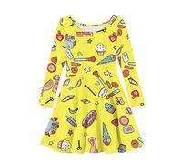 Yellow Cartoon Cake Donut Print Loose Fit Long Sleeve Midi Dress for Little Girls 7-8 Years Old Cute School Dance Holiday Party Dress Kids Casual Fancy Swing Twirly A Line Skater T Shirt Dress