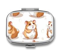 Yellow Cartoon Hamster Pill Case Box with 2 Compartment Medicine Vitamin Organizer for Purse Pocket 5.5x4cm