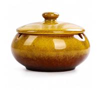 Yellow Ceramic Ashtray with Lid 11.5cm Brown Glazed Covered Ash Tray Round Smoking Accessory for Indoor Outdoor Patio Balcony Home Office Odour Reducing Design