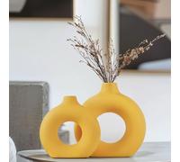Yellow Ceramic Vase Set of 2 - Yellow Vase for Home Decor, Round Boho Vases for Pampas Grass and Flowers Decor, Modern Living Room, Bedroom, Fireplace, Farmhouse, and Centerpieces