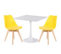 (Yellow Chairs) Charles Jacobs White Square Ceramic Dining Table & 2 Tulip Design Chairs Dining Set Seat Dinner Kitchen