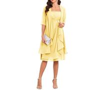 Yellow Chiffon 2 Pieces Mother of The Bride Dresses with Sleeves Jacket Short Mother of Groom Dresses for Women UK18