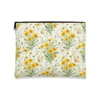 Yellow Chrysanthemum and Butterfly Watercolor Print Rustic Makeup Bag 7x9 Inch