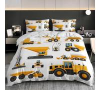 Yellow Construction Engineering Vehicle Duvet Cover - Single Bedding Set 53x79 inch - White Quilt Cover for Kids Women Room Decor, Soft Microfiber Duvet Covers 3 Pieces Bedspread with Zipper Closure